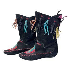LJ Simone Rare Vintage Sz 7.5 Black Suede Aztec Native Patchwork Southwest Boots